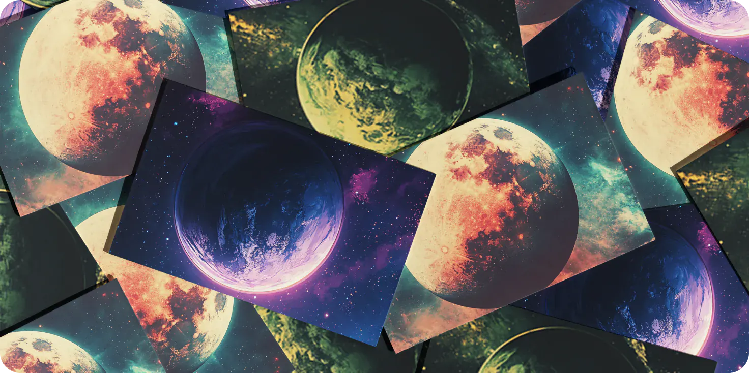 Planet-themed card backs spread out